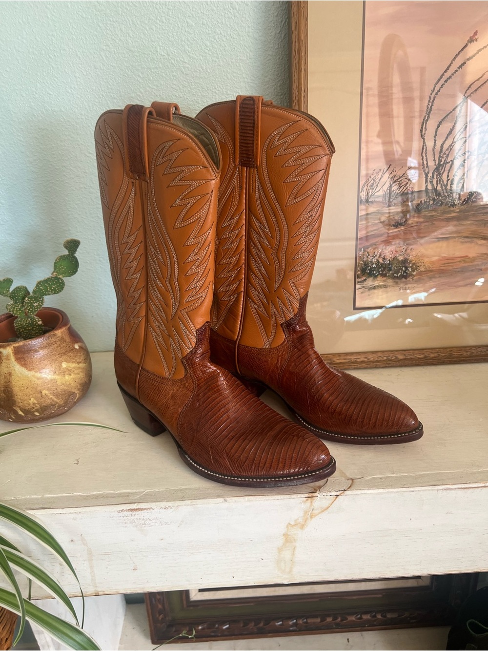 Vintage Dan Post Genuine Lizard Western Cowboy Boots Cognac Tan Women’s 7.5-8